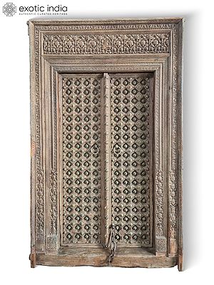 100" Large Vintage Hand Carved Solid Sal Wood Door With Frame