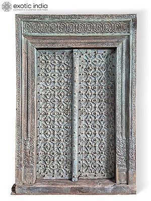 98" Large Indian Traditional Hand carved Old Solid Sal Wood Double Door With Frame