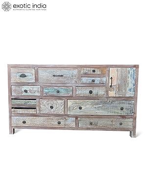 64" Reclaimed Wood Hand Carved Multi Drawer Cabinet