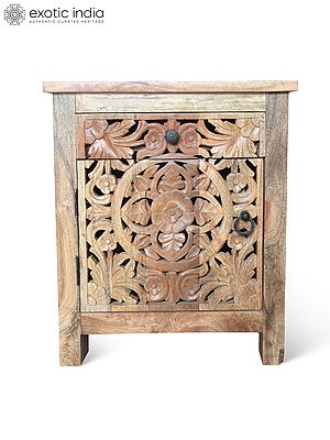 26" Traditional Design Hand Carved Floral Motifs Mango Wood Cabinet