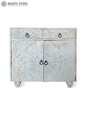 34" Hand Carved Floral Motifs Mango Wood With Double Door And Drawer Cabinet