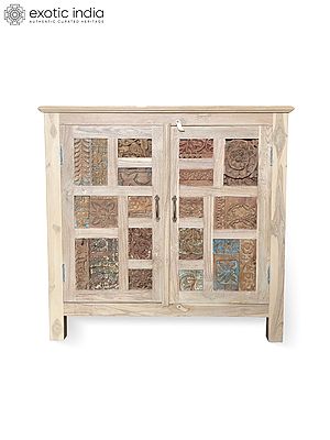37" Vintage Double Door Teak Wood Hand Carved Cabinet