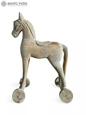 27" Indian Traditional Handcrafted Solid Wooden Four Wheels Horse