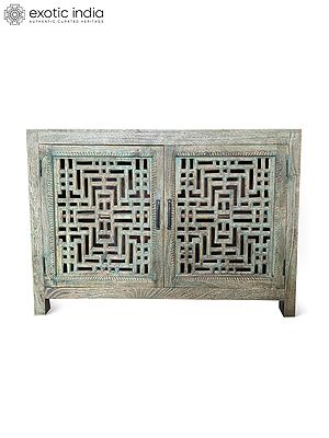 44" Geometric Handcrafted Traditional Indian Mango Wood Double Door Cabinet