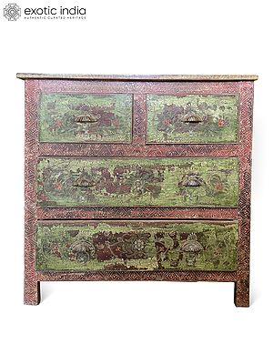 36" Vintage Hand Painted Traditional Tibetan Motifs Cabinet