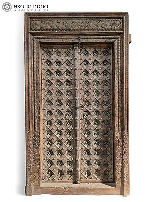 96" Large Traditional Hand Carved Floral And Geometric Motifs Door With Frame