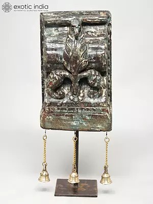 16" Wood Carved Peacock on Iron Stand with Brass Bells | Decorative Showpiece