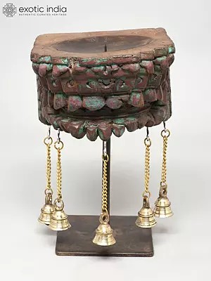 10" Wood Carved Candle Stand with Brass Bells | Home Decor