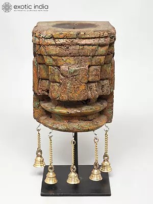 13" Wood Carved Decorative Candle Stand on Iron Base with Brass Bells | Home Decor