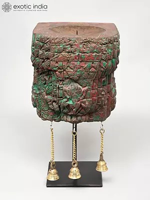 13" Vintage Design Wood Candle Stand on Iron Base with Brass Bells | Decorative Item