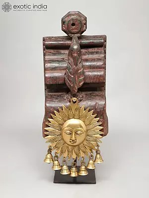 20" Hanging Sun in Brass with Bells on Wood Base | Decorative Table Piece