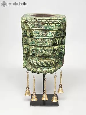 15" Wood Carved Designer Candle Stand with Brass Bells | Home Decor