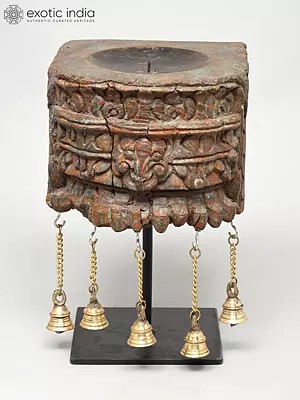 12" Wood Carved Stylish Candle Stand with Brass Bells | Home Decor