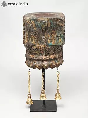 14" Hand-Carved Wooden Candle Stand with Brass Bells | Home Decor