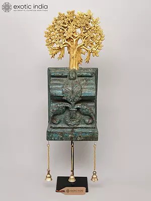 27" Wooden Showpiece with Brass Tree of Life and Hanging Bells on Iron Stand | Home Decor