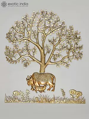 60" Large Cow and Calf Under The Kalpavriksha Tree with Grass and Flowers | Set of Three | Wall Decor