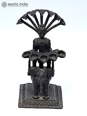 8" Elephant Design Tribal Lamp with Serpents | Brass Statue