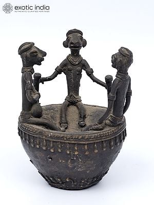 4" Tribal People on a Circular Boat | Brass Statue