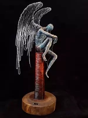 11" Angel Figure On Iron Wire | Handmade Iron Sculpture | Table And Home Décor