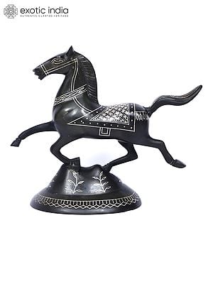 8" Running Horse | Bidri Artwork | Gunmetal with Real Silver