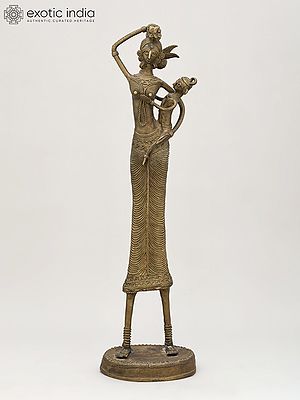 17" Tribal Working Mother with Child | Brass Statue | Table Decor