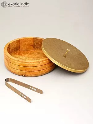 9" Wooden Chapati Box with Brass Lid and Kitchen Tong