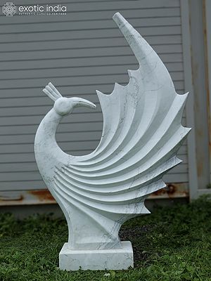 56" Peacock Statue | White Marble | Hand Carved