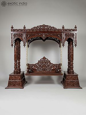 126" Large Traditional Wooden Hand Carved | Floral Motifs Design Swing with Brass Chains | Home Decor | Shipped by Sea Overseas