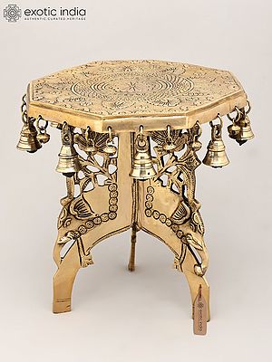 11" Octagon Shaped Elephant Design Brass Pedestal with Dangling Bells and Ghungroos