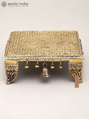 11" Square Shaped Peacock Design Brass Chowki (Pedestal) with Bells and Ghungroos