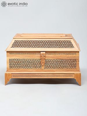 18" Intricately Carved Wooden Chest | Decorative Jali Design Storage Box