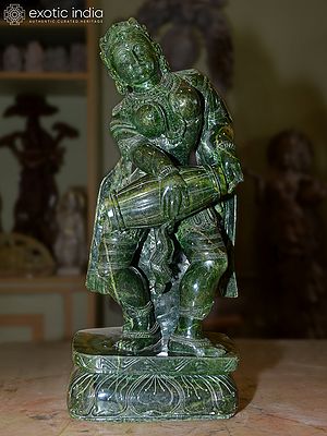 16" Musical Lady Playing Drum | Orissa Stone Statue | Exquisite Handmade Indian Art