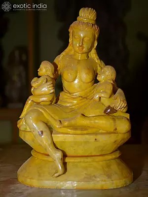 10" A Lady with her Two Kids | Orissa Stone Statue | Exquisite Handmade Indian Art