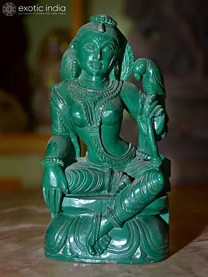 6" Lady with Parrot | Orissa Green Stone Statue | Exquisite Handmade Indian Art