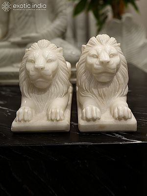 24" Symbol of Strength - Pair Statue of Lion  | Home Decor | White Marble | Exquisite Indian Art