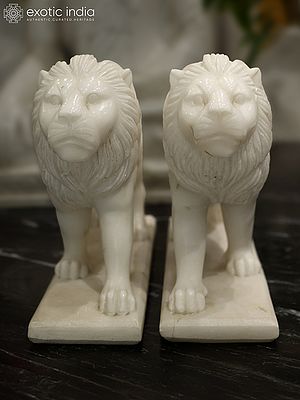 12" Symbol of Guardianship - Pair Statue of Lion | Home Decor | White Marble | Excellent Indian Art