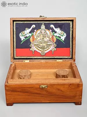 10" Handcrafted Wooden Jewelry Box with Gajalakshmi Tanjore Artwork