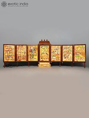 127" Huge Illuminated Krishna-Leela Shrine: Multi-Panel Andhra Leather Painting in Wooden Frame