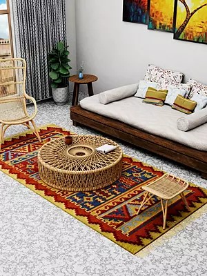 Italian-Straw Handloom Dhurrie from Bhadohi with Woven Motifs