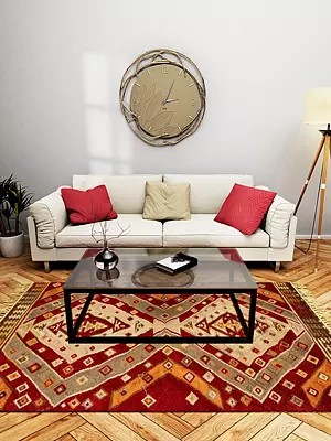 Garnet-Red Handloom Dhurrie from Bhadohi with Woven Bootis