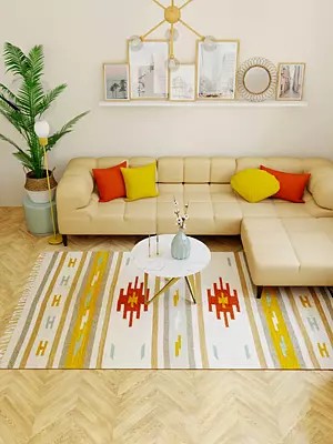 Whisper-White Handloom Dhurrie from Sitapur with Woven Motifs