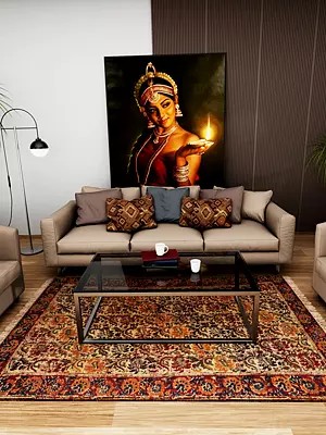 Banana-Crepe and Red Kalamkari Dhurrie from Andhra Pradesh with Printed Flowers