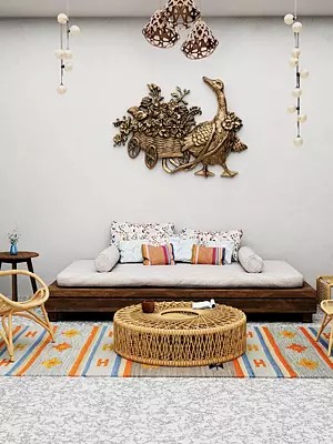 Light-Blue and Orange Dhurrie from Sitapur with Woven Stripes and Motifs