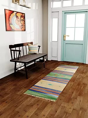 Green and Vanilla Dhurrie from Sitapur with Woven Stripes