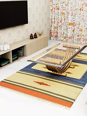 Vanilla and Blue Dhurrie from Sitapur with Woven Motifs