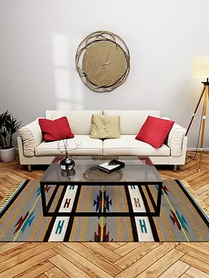 Gray and White Handloom Dhurrie from Sitapur with Woven Stars