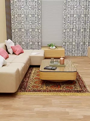 Italian-Straw Floral Printed Kalamkari Dhurrie from Andhra Pradesh