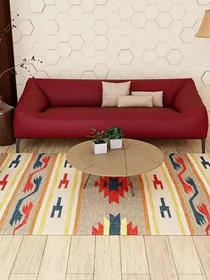 Gray and Parchment Handloom Dhurrie from Sitapur with Woven Motifs in Multi-Color Thread