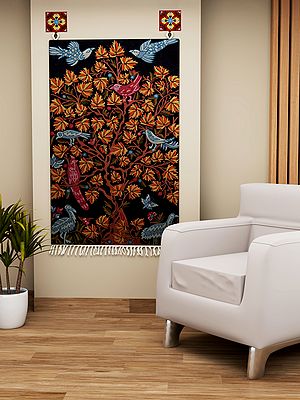 Medieval-Blue Asana Mat cum Wall Hanging with Embroidered Tree of Life