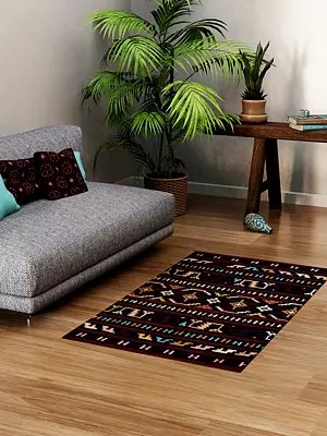 Patriot-Blue Asana Mat from Kashmir with Embroidered Aztec Motifs